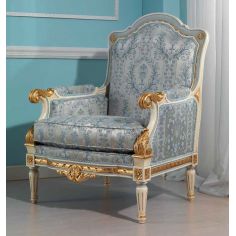 CHAIRS, Leather, Upholstered, Accent Royal Gold and Sky Blue Armchair from our European hand painted furniture collection. 7084