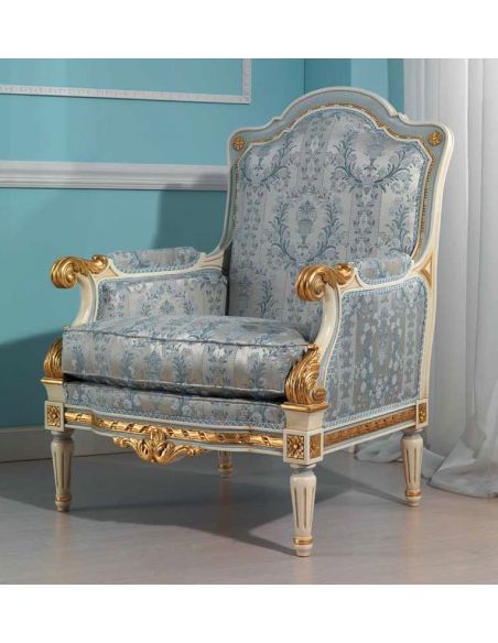 Royal Gold and Sky Blue Armchair from our European hand painted furniture collection. 7084