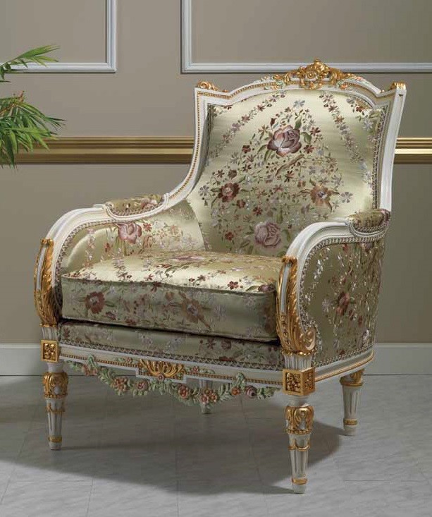 CHAIRS, Leather, Upholstered, Accent Deluxe Floral Champagne Armchair from our European hand painted furniture collection. 7093