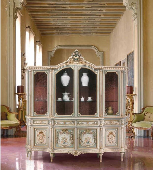 Breakfronts & China Cabinets Antique-looking Floral Showcase Cabinet from our European hand painted furniture collection. 7114