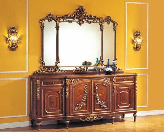 Breakfronts & China Cabinets Golden Detailed Bureau and Mirror from our European hand painted furniture collection. 7105