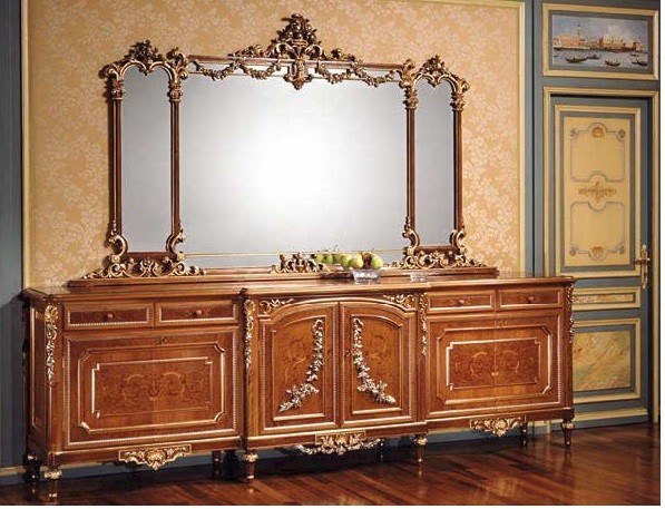 Breakfronts & China Cabinets High End Golden Bureau and Mirror with from our European hand painted furniture collection. 7103