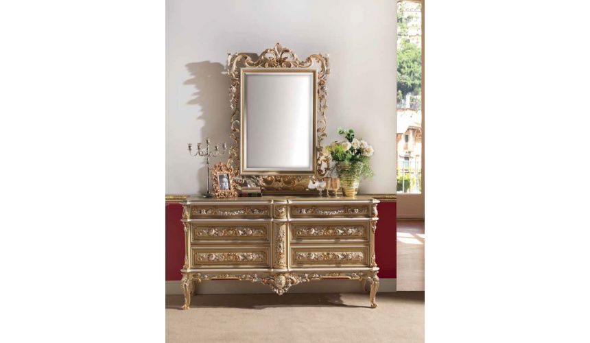 Breakfronts & China Cabinets Deluxe Golden Chest of Drawers and Mirror from our European hand painted furniture collection. 7149