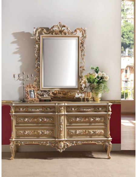Deluxe Golden Chest of Drawers and Mirror from our European hand painted furniture collection. 7149