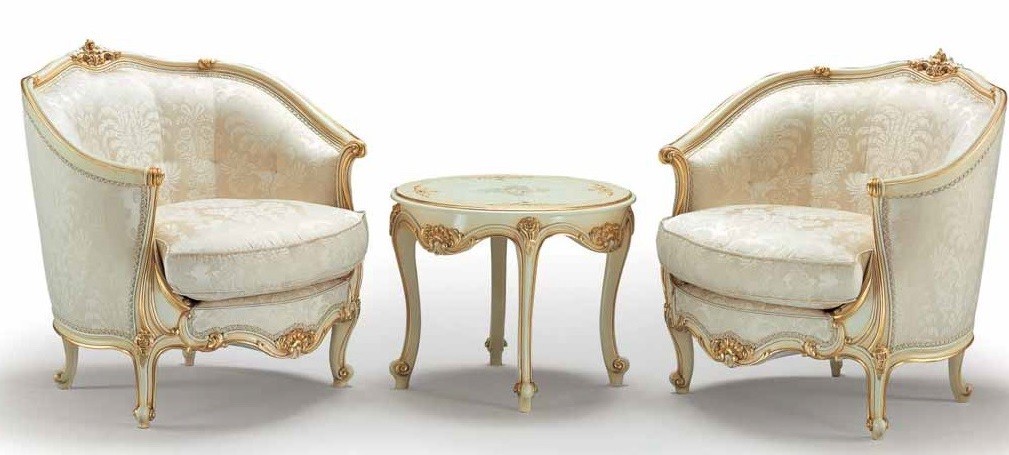 CHAIRS, Leather, Upholstered, Accent Godly White and Golden Armchairs and Table from our European hand painted furniture coll...