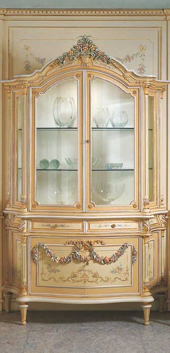 Breakfronts & China Cabinets Elegant Cream and Floral Showcase from our European hand painted furniture collection. 7202