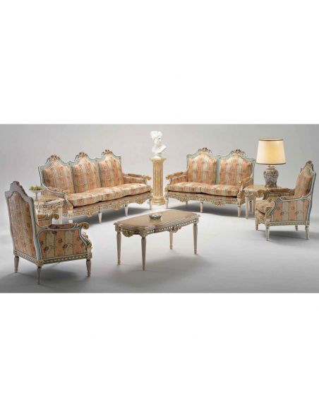 High End Coral and Seafoam Sofa Set from our European hand painted furniture collection. 7212
