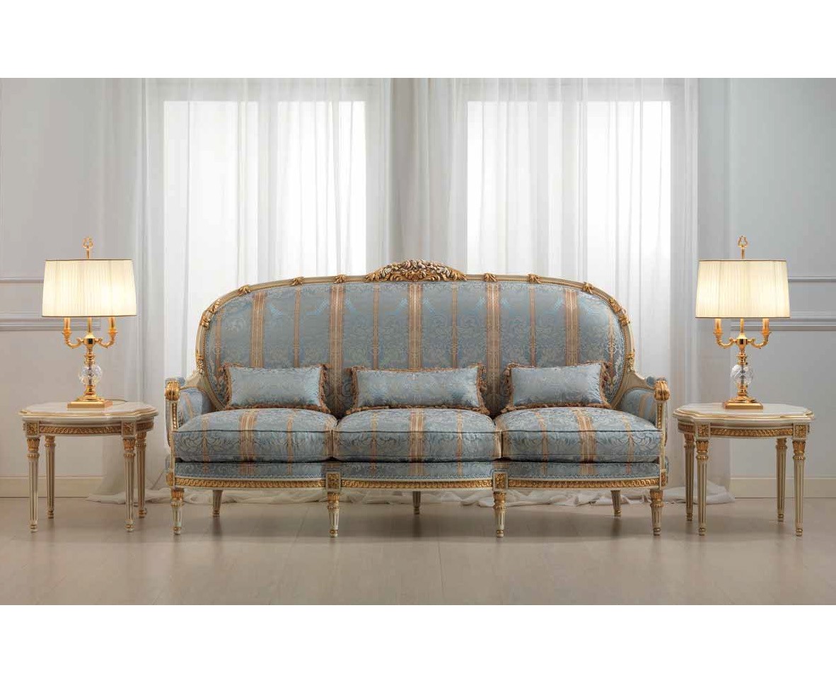 SOFA, COUCH & LOVESEAT Elegant Blue and Golden Striped Sofa Set from our European hand painted furniture collection. 7213