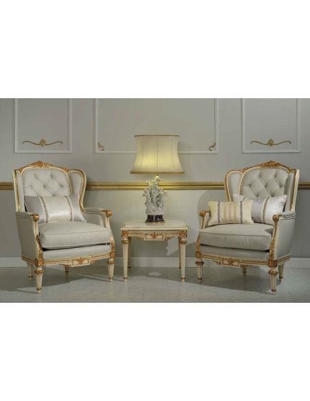 High End and Sophisticated Armchairs and Side Table from our European hand painted furniture collection. 7244