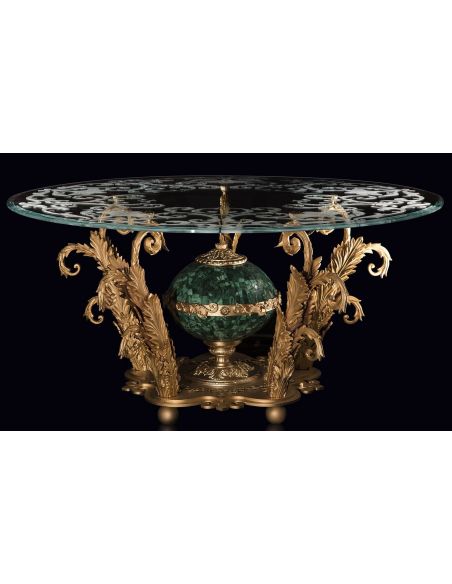 An amazing foyer table with gold plated brass and precious malachite stone.