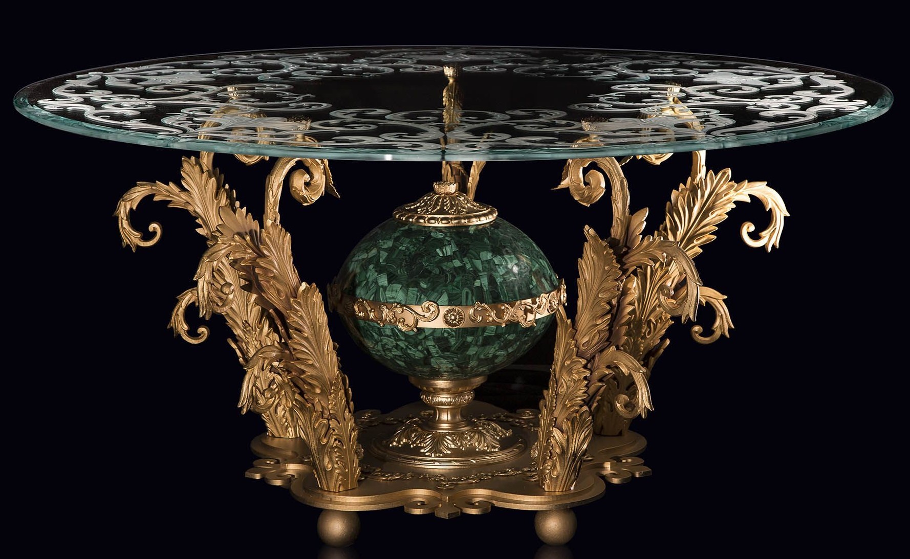 Foyer and Center Tables An amazing foyer table with gold plated brass and precious malachite stone.