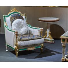 CHAIRS, Leather, Upholstered, Accent Indigo Armchair with Emerald Border and Golden Details from our furniture showpiece coll...