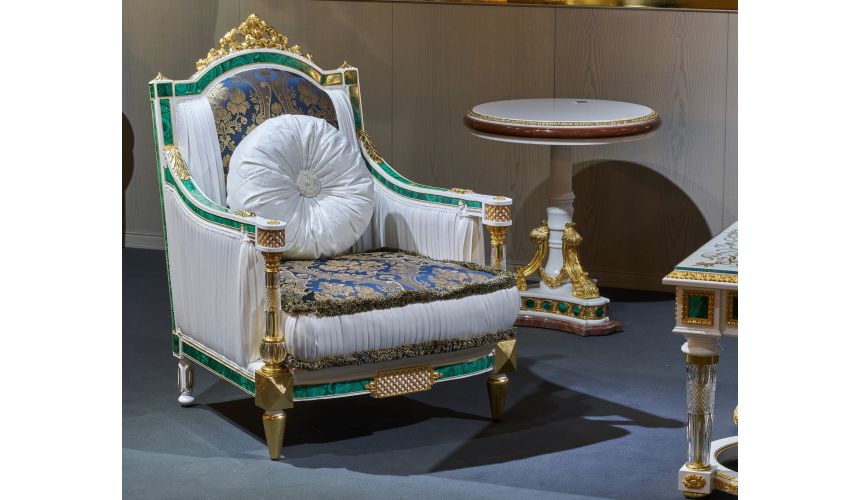 CHAIRS, Leather, Upholstered, Accent Indigo Armchair with Emerald Border and Golden Details from our furniture showpiece coll...
