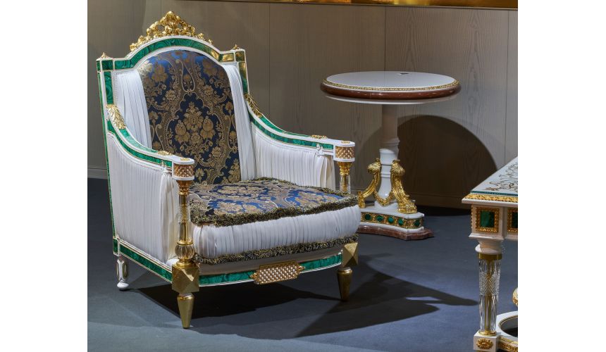 CHAIRS, Leather, Upholstered, Accent Indigo Armchair with Emerald Border and Golden Details from our furniture showpiece coll...