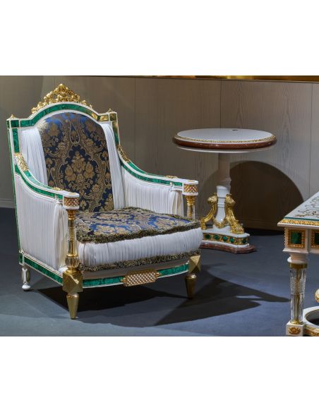 CHAIRS, Leather, Upholstered, Accent Indigo Armchair with Emerald Border and Golden Details from our furniture showpiece coll...