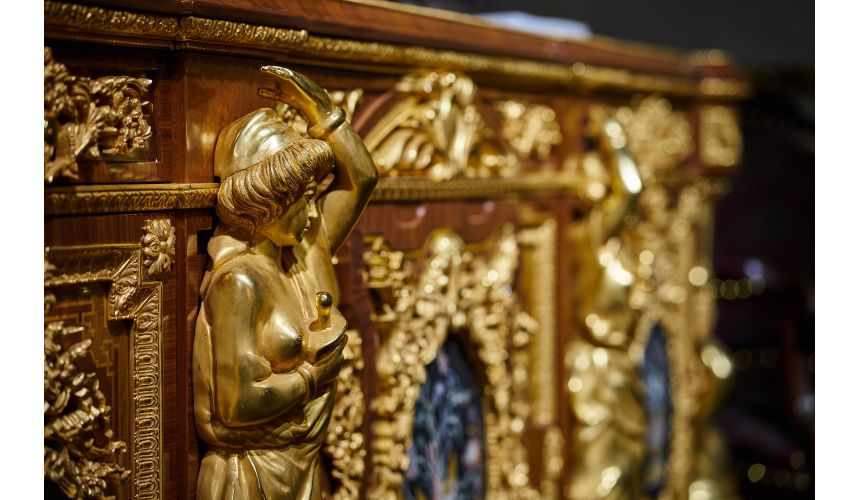 Breakfronts & China Cabinets Deluxe Golden Detailed Writing Desk with Oval Paintings from our furniture showpiece collection....