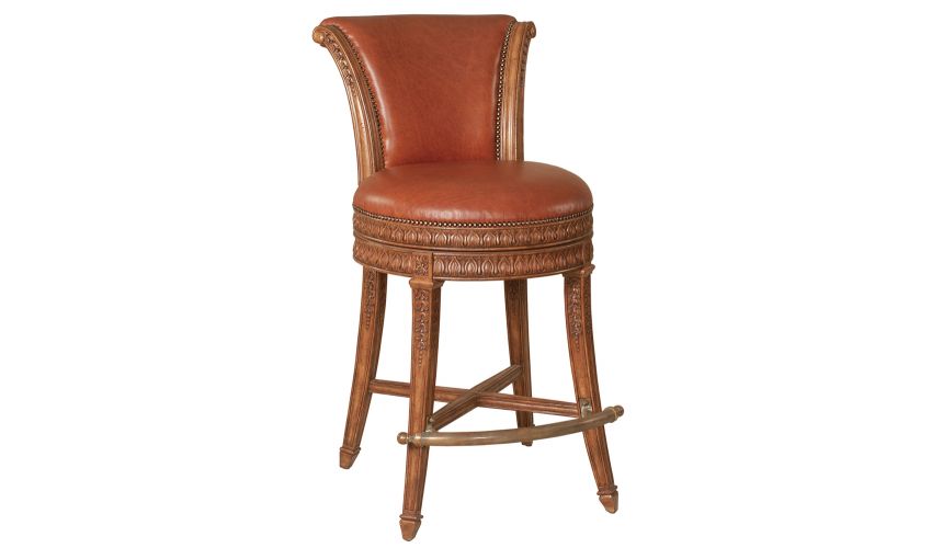 Luxury Leather & Upholstered Furniture Lido Finished Mahogany Barstool, Brown Leather Upholstery, Brass Footrest