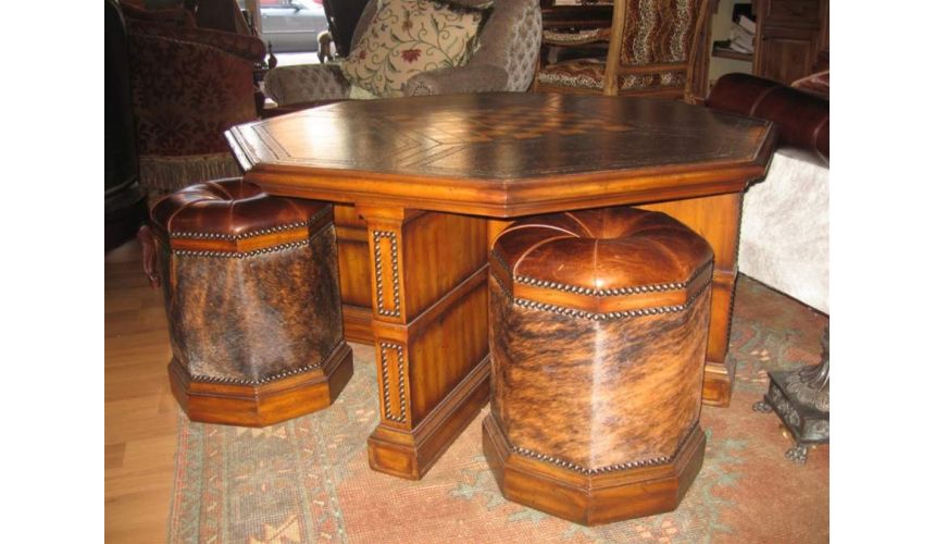 Decorative Accessories Luxury furniture. Leather cocktail table with four hair hide stools.