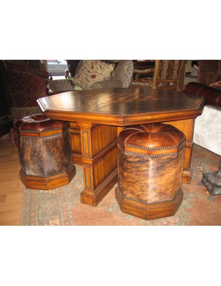 Luxury furniture. Leather cocktail table with four hair hide stools.