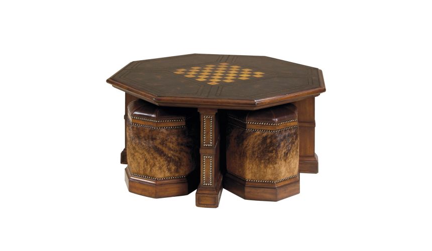 Decorative Accessories Luxury furniture. Leather cocktail table with four hair hide stools.