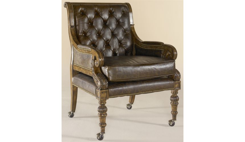 Office Chairs Carved Dark Wellington Cottage Finished Game Chair, Tufted Kodiak Leather Upholstery