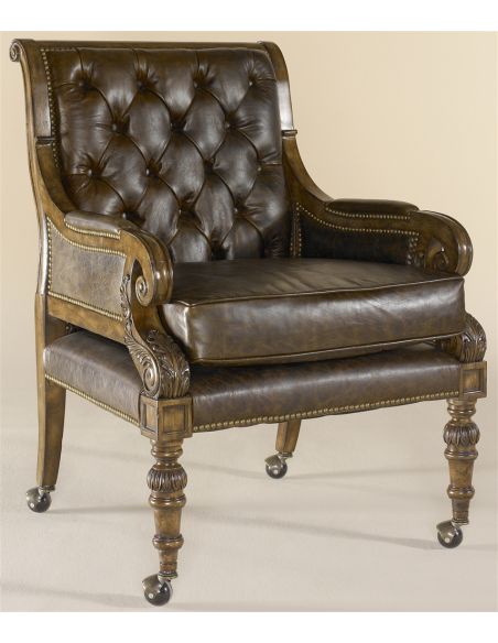 Carved Dark Wellington Cottage Finished Game Chair, Tufted Kodiak Leather Upholstery