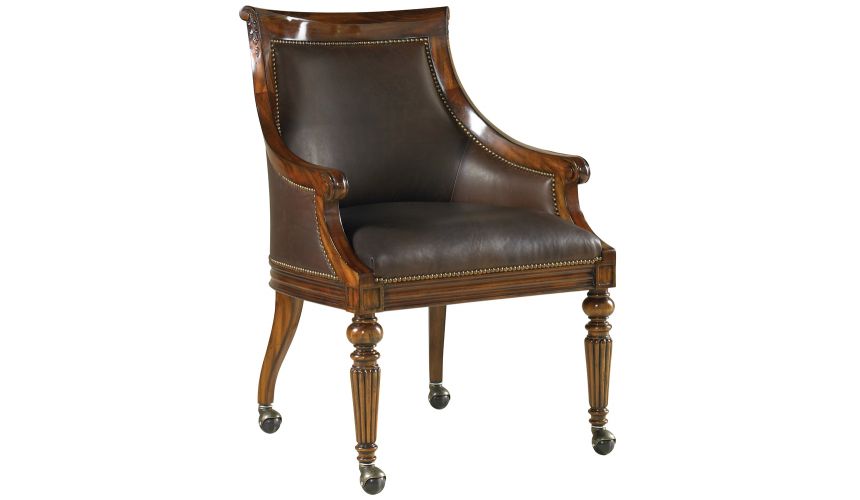 Office Chairs Aged Regency Finished Game Chair, Chocolate Leather Upholstery, Brass Tack Accents