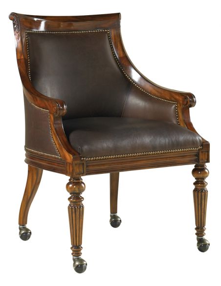 Aged Regency Finished Game Chair, Chocolate Leather Upholstery, Brass Tack Accents
