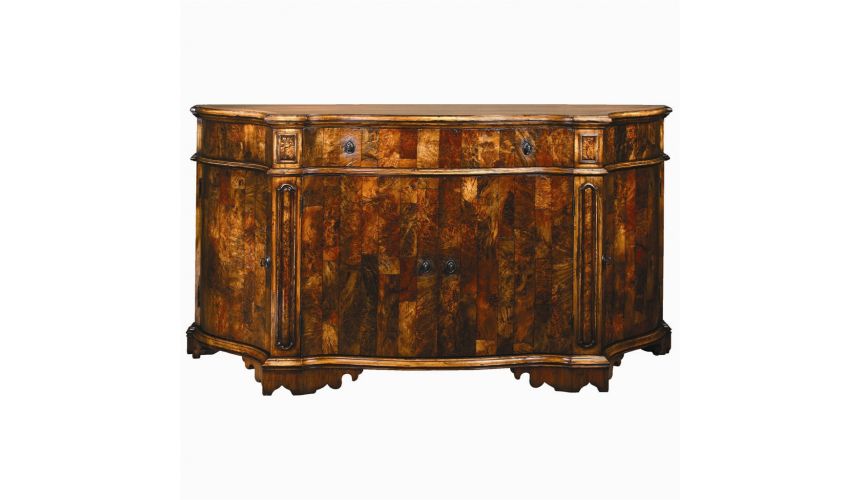 Breakfronts & China Cabinets 1 European inspired chest of burl wood in gun metal finish.