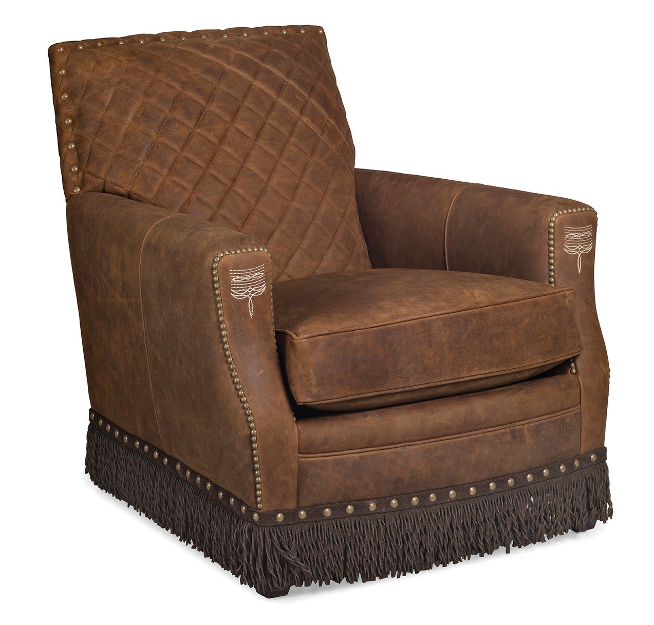 CHAIRS, Leather, Upholstered, Accent Deluxe Rustic Caramel Armchair with Fringe