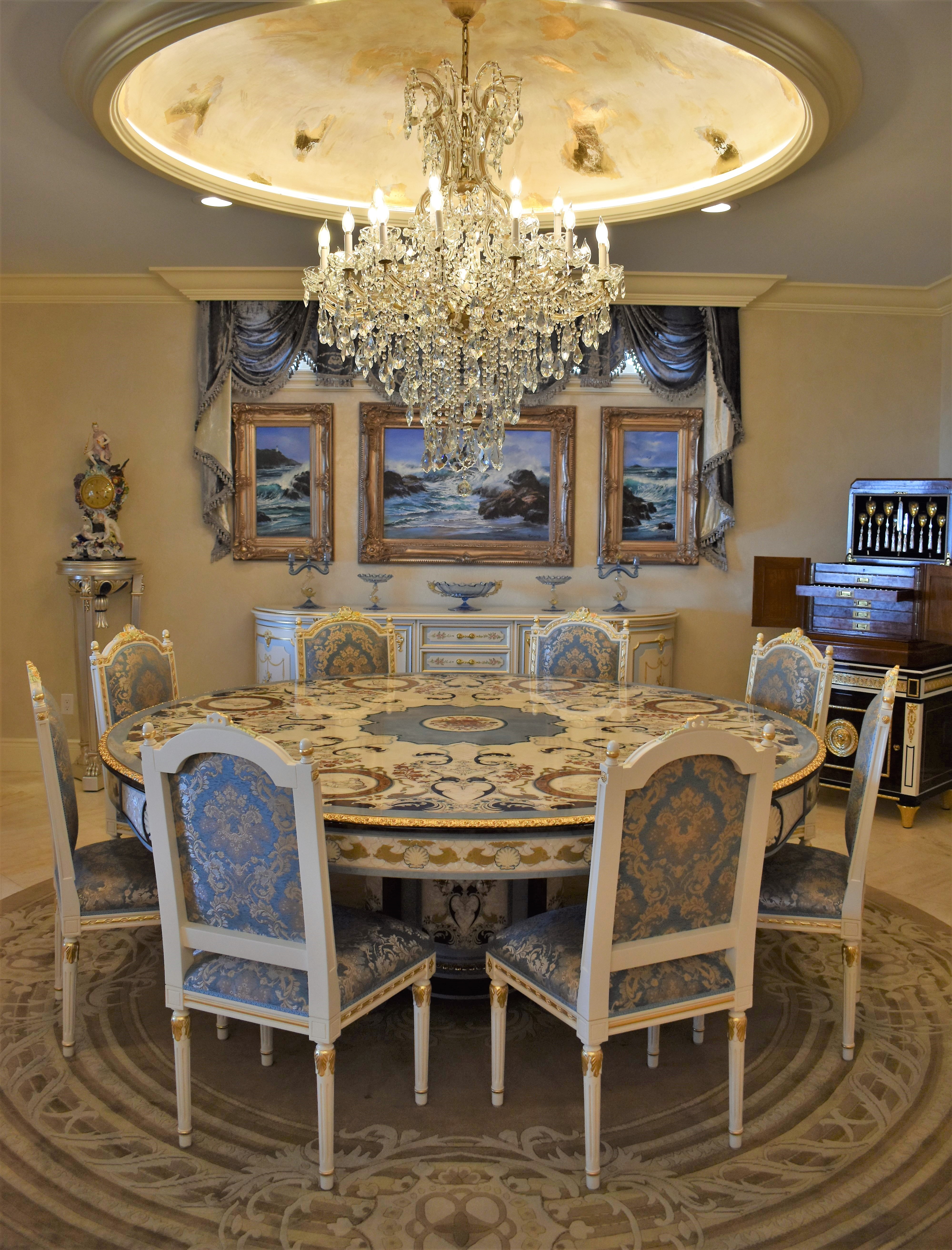 LUXURY FURNITURE CUSTOM MOTHER OF PEARL BOULLE ROUND DINING TABLE.