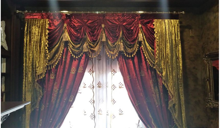 Custom Window Treatments Embroidered Cardinal Red custom made draperies