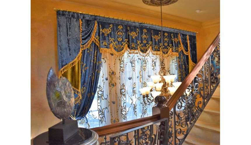 Custom Window Treatments Royal Blue and Gold embroidered custom made draperies