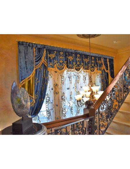 Custom Window Treatments Royal Blue and Gold embroidered custom made draperies