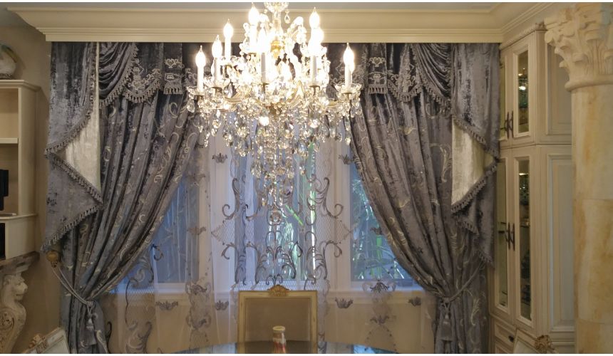 Custom Window Treatments  Embroidered custom made draperies ocean blue with glimmering silver metal thread