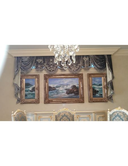 Custom Window Treatments  Embroidered custom made draperies ocean blue with glimmering silver metal thread