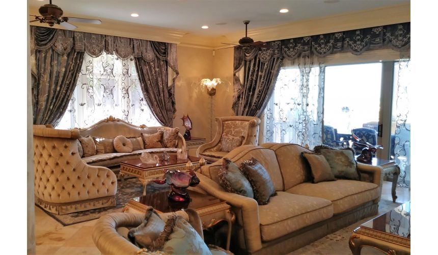 Custom Window Treatments  Embroidered custom made draperies ocean blue with glimmering silver metal thread