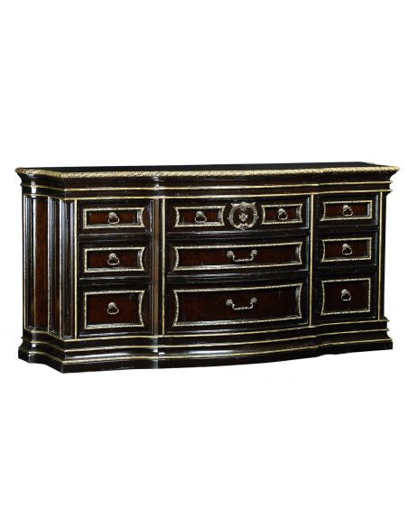 Large wood dresser with silver highligted trim 