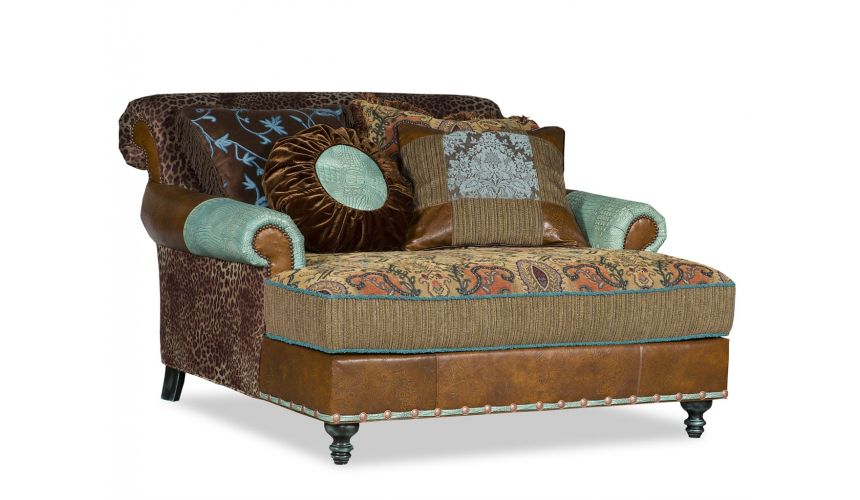 Luxury Leather & Upholstered Furniture Double chair chaise with Cheetah fabric.