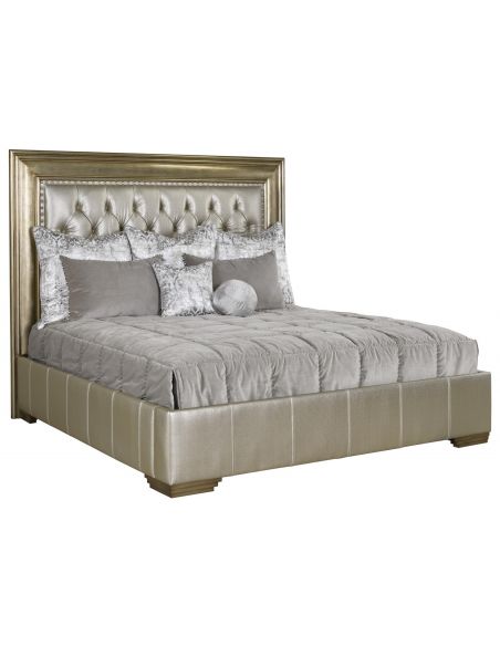 Bed with quilted platinum headboard with distressed wooden detailing