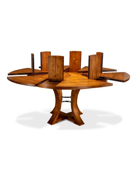 Transitional style round table with self storing leaves.