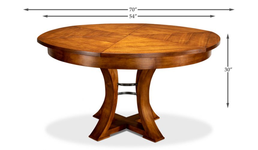 Transitional style round table with self storing leaves.