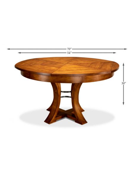 Transitional style round table with self storing leaves.