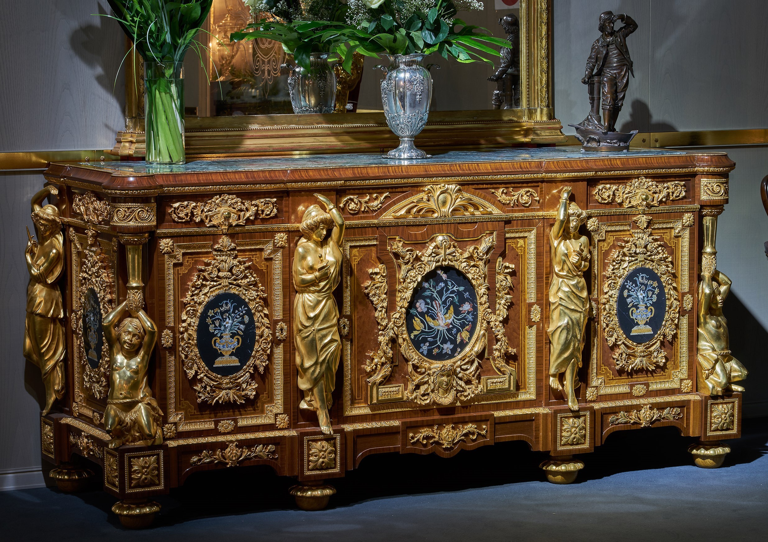 Breakfronts & China Cabinets Deluxe Golden Detailed Writing Desk with Oval Paintings from our furniture showpiece collection....