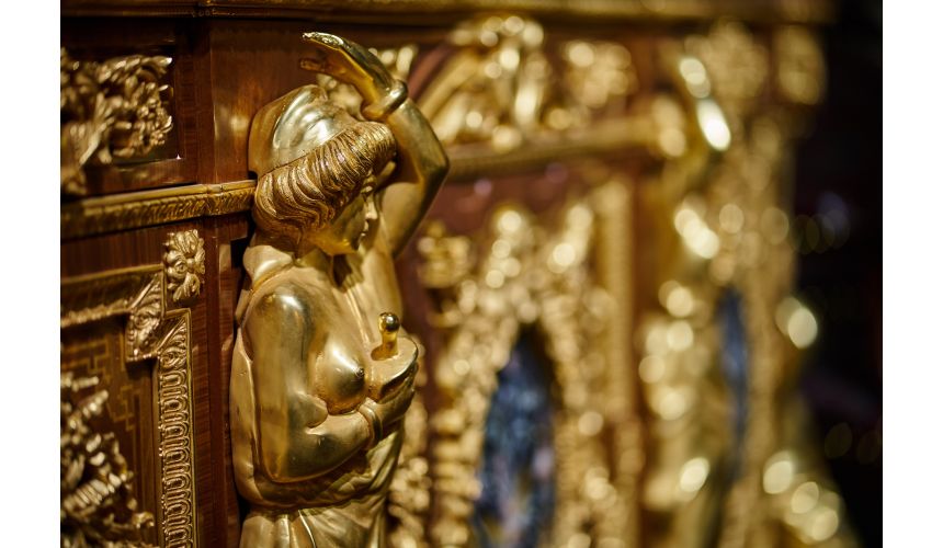 Breakfronts & China Cabinets Deluxe Golden Detailed Writing Desk with Oval Paintings from our furniture showpiece collection....