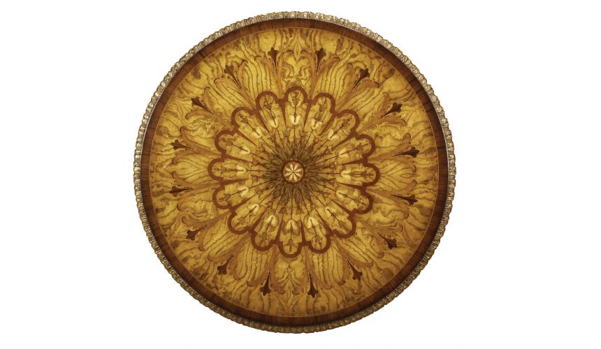 Hand Carved Mahogany Center Table with Marquetry Top and Brass Accents