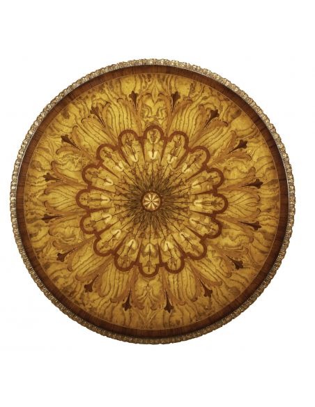 Hand Carved Mahogany Center Table with Marquetry Top and Brass Accents