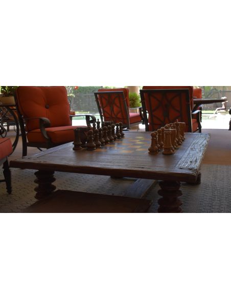 Turned leg heavy distressed games-coffee table.