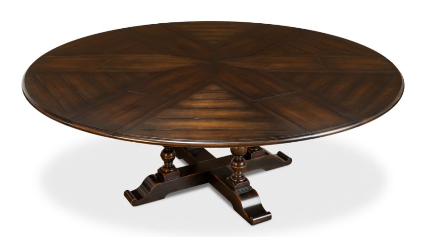 70 inches open. Jupe table with self storing leaves, Dark walnut