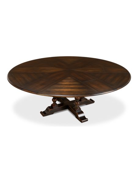 70 inches open. Jupe table with self storing leaves, Dark walnut
